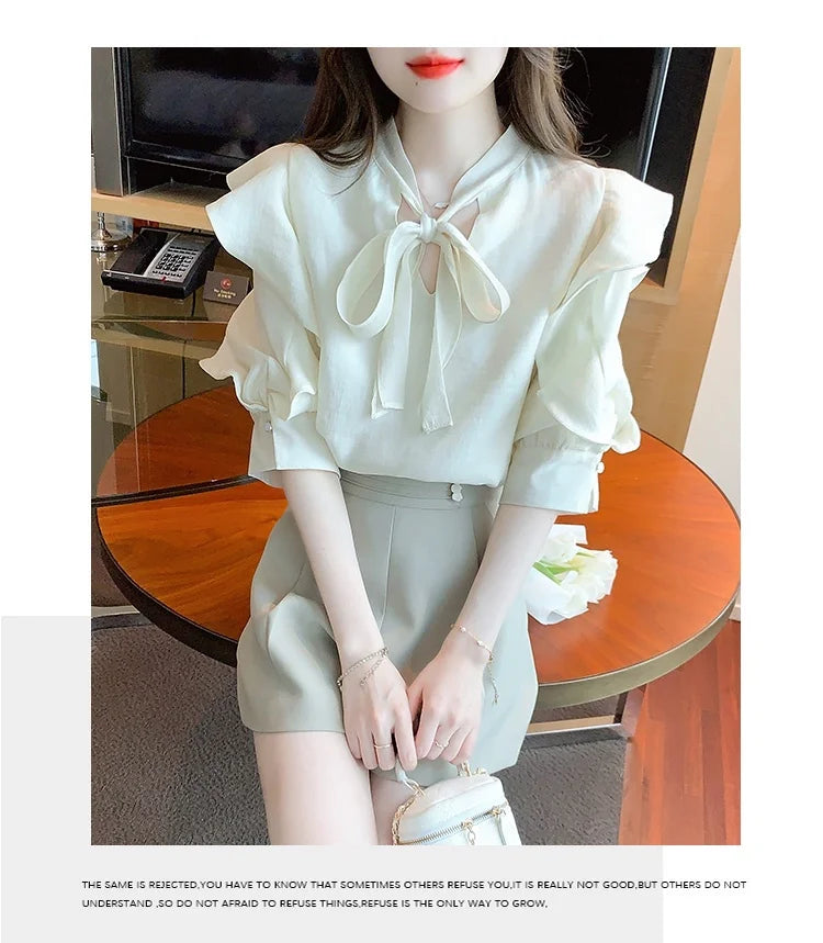 Chiffon Bow Blouse Fairy Shirt 2023 New French Chiffon Blouses Elegant Women  Tops  Autumn Chic Stunning Puff Sleeve Premium
