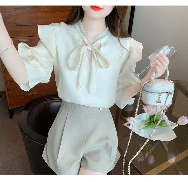 Chiffon Bow Blouse Fairy Shirt 2023 New French Chiffon Blouses Elegant Women  Tops  Autumn Chic Stunning Puff Sleeve Premium