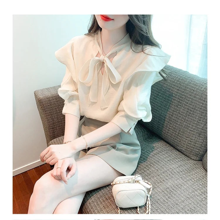 Chiffon Bow Blouse Fairy Shirt 2023 New French Chiffon Blouses Elegant Women  Tops  Autumn Chic Stunning Puff Sleeve Premium