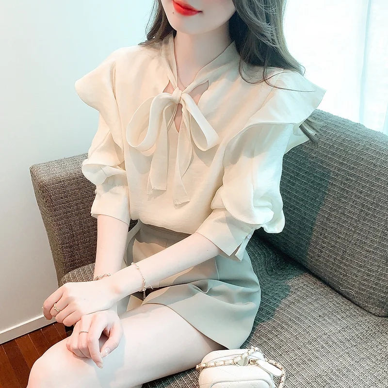 Chiffon Bow Blouse Fairy Shirt 2023 New French Chiffon Blouses Elegant Women  Tops  Autumn Chic Stunning Puff Sleeve Premium