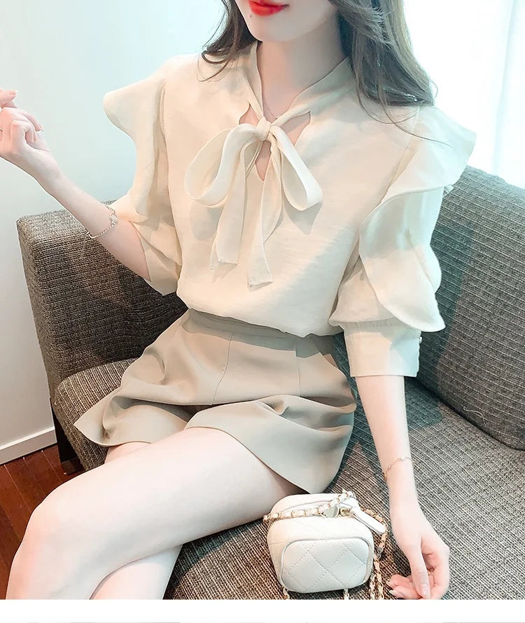 Chiffon Bow Blouse Fairy Shirt 2023 New French Chiffon Blouses Elegant Women  Tops  Autumn Chic Stunning Puff Sleeve Premium