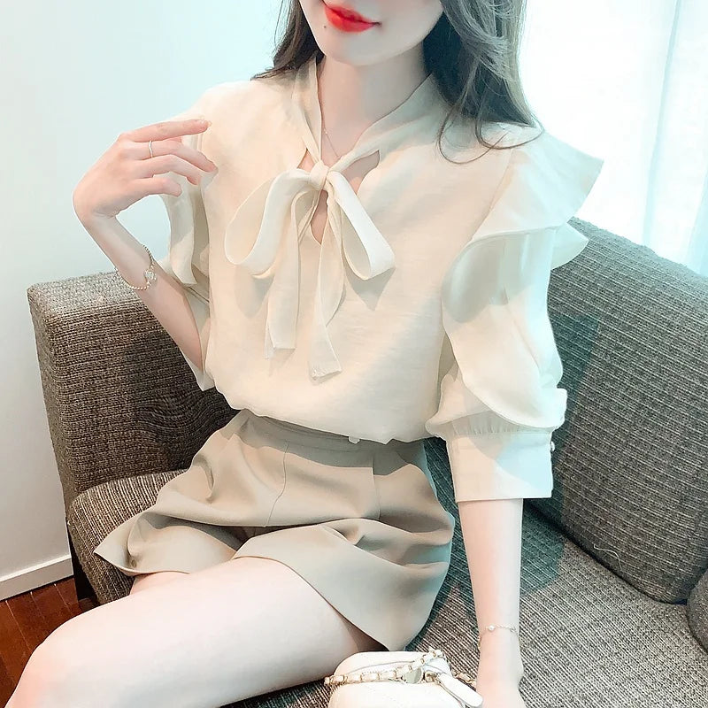 Chiffon Bow Blouse Fairy Shirt 2023 New French Chiffon Blouses Elegant Women  Tops  Autumn Chic Stunning Puff Sleeve Premium